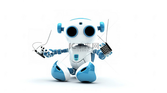 蓝色 wi fi 标志装饰着白色背景下可爱的 3d 机器人