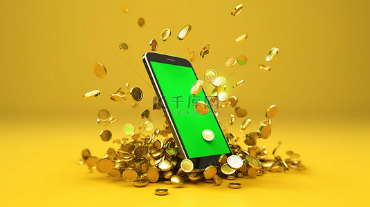 手机飞行背景图片_飞行金币和智能手机在鲜艳的色彩背景上的 3D 插图
