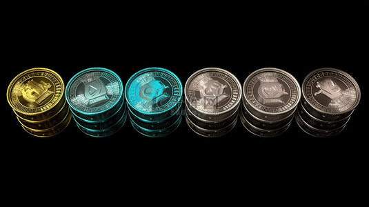 旋转的 3D 塑料硬币的各种角度描绘卡通货币兑换和货币兑换