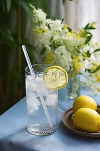 桌子上摆满鲜花背景图片_柠檬水加糖和水坐在摆满鲜花的桌子上