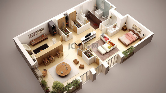 室内家居平面背景图片_鸟瞰底层公寓的 3D 室内设计