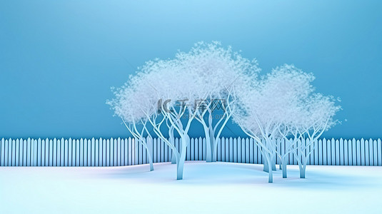 卡通雪树背景图片_抽象卡通风格的蓝色树和雪栅栏冬季景观的最小 3D 渲染
