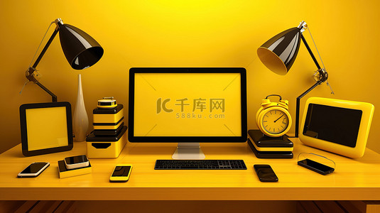 手机屏幕电商背景图片_黄色办公桌，配备现代科技设备电脑笔记本电脑平板电脑和手机 3D 插图