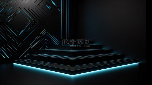 产品光效背景背景图片_产品讲台的黑色背景 3D 渲染上的蓝色几何设计