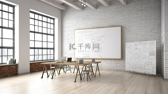 白板教室背景图片_带白板和白砖墙的阁楼风格教室，具有 3D 视觉效果