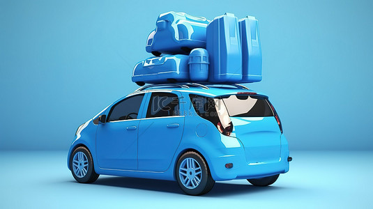 双流区旅游地图背景图片_以 3d 渲染的电动蓝色紧凑型汽车，车顶上放着一堆行李