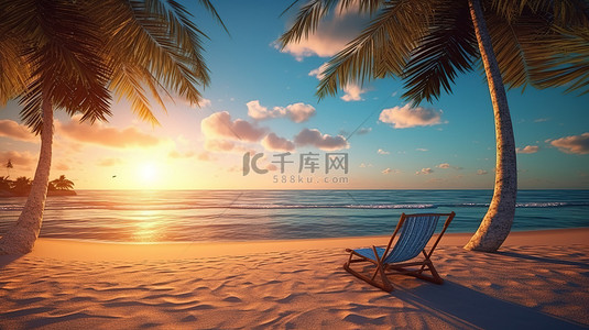 海滩壁纸背景图片_3d 渲染夏日场景海滩日落背景