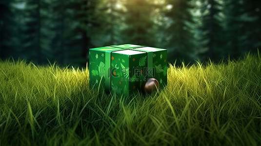 森林背景上的绿色 3D 礼品盒非常适合圣诞快乐惊喜