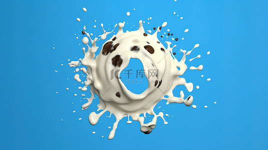 蓝色背景上孤立的牛奶飞溅形成圆圈的 3D 渲染