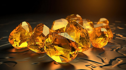 各种形状的黄水晶彩色宝石的 3D 渲染