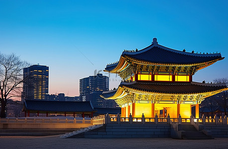 暮色背景图片_首尔广场暮色中的韩国宝塔