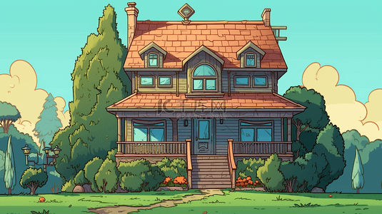 草地绿树房子插画卡通建筑卡通房子背景