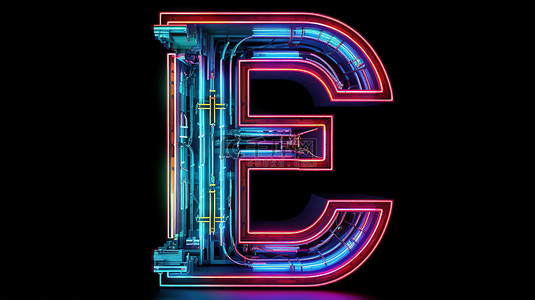 霓虹灯风格照明中发光大写字母 e 的 3d 渲染