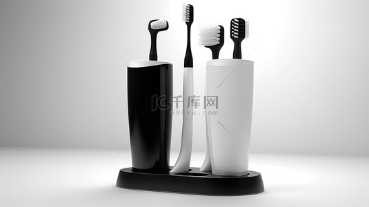 时尚的黑白电动牙刷放在充电底座上，背景是 3D 呈现的原始白色背景