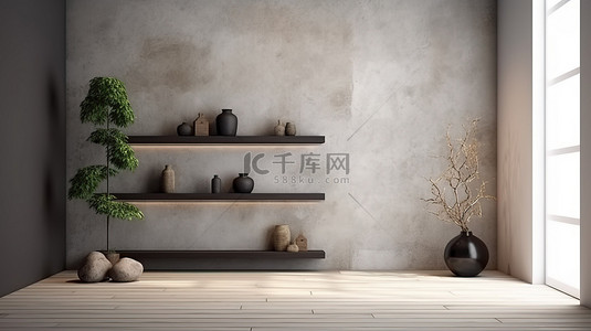 现代墙房中时尚的禅宗风格橱柜，采用简约设计和花岗岩地板 3D 渲染