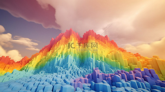 浅色可爱背景背景图片_柔和的天空与七彩的彩虹光谱和 3D 渲染中的云彩