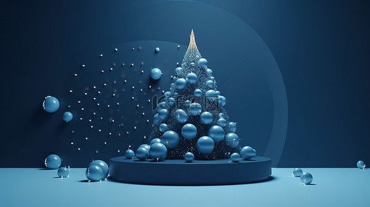 蓝色背景 3D 渲染的讲台上装饰着节日圣诞树