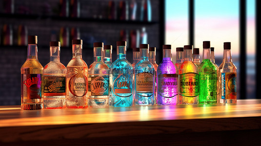 彩彩条背景图片_酒吧中以 3D 渲染方式展示的各种瓶子