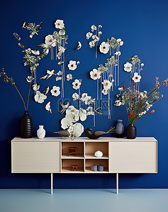 蓝色的墙壁，白色的花朵