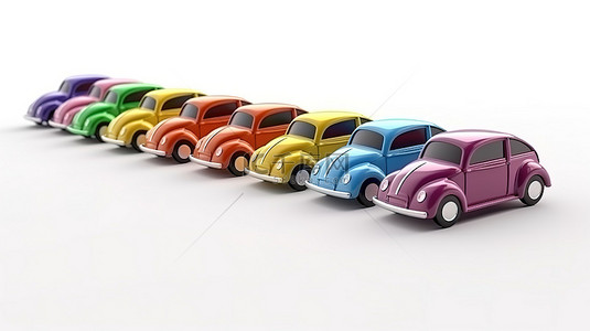 3D 渲染的白色背景上的彩色玩具车在路上行驶