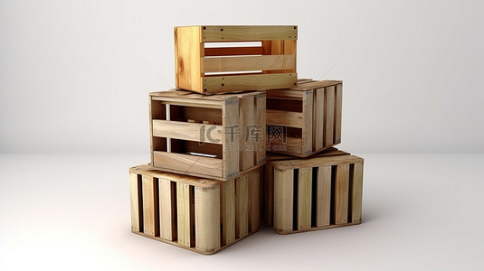 在 3d 中创建的白色背景上隔离的成堆木箱