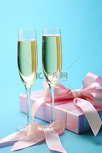 笛子背景图片_香槟笛子和粉红丝带前的圣诞贺卡