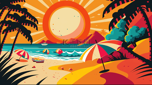 夏天夏天海边沙滩背景图片_夏天阳光海滩复古插画背景