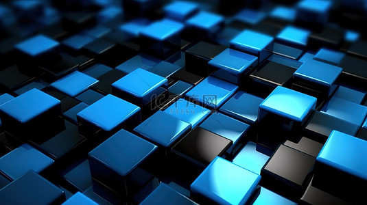 未来派蓝色和黑色方块中挤压抽象背景的 3D 渲染