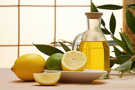 柜台上的橄榄油柠檬和香草