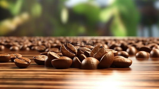 背景咖啡豆背景图片_木桌上高高堆放的咖啡豆的 3D 渲染