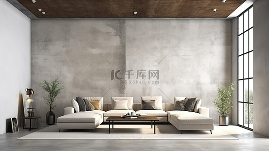 室内客厅家具背景图片_当代阁楼模拟，配有时尚的客厅家具和 3D 渲染中的纹理混凝土墙背景