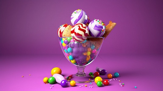 3D 渲染的冰淇淋杯，在紫色背景上装饰着鲜艳的彩色球