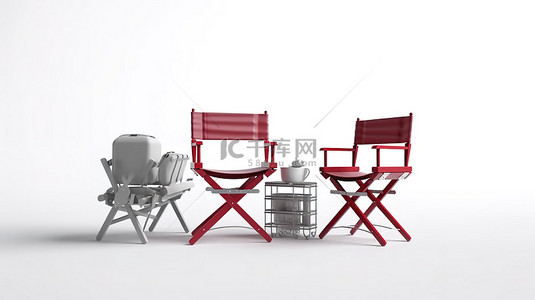 电影行业概念 导演椅电影拍板和白色背景聚光灯的 3D 渲染