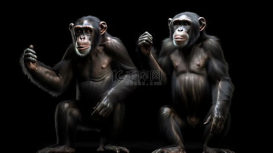 拿着棍子的猴子背景图片_黑色背景孤立的 3d 插图站立的黑猩猩猴子捂住耳朵