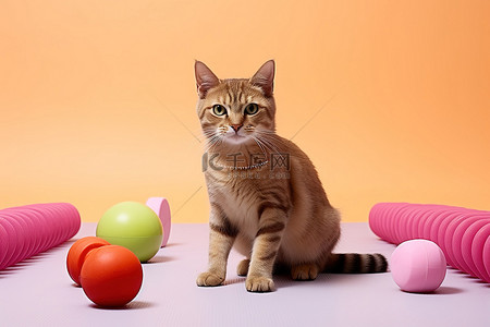 一只猫躺在粉色垫子和橡胶玩具上