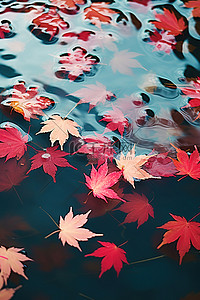 漂浮的落叶背景图片_秋天的树叶漂浮在一片浅水中
