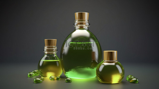 药材混搭背景图片_玻璃瓶中芳香疗法油皮肤滋养水疗护理的精美 3D 插图