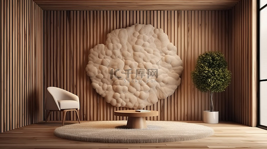 室内设计中板条木墙上悬挂的圆桌和潘帕斯云的 3D 渲染