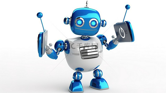 wi标志背景图片_白色背景承载 3D 渲染的机器人人物，带有蓝色 wi fi 标志