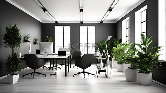 病例场所背景图片_现代工作场所配有时尚的黑色椅子可调节的白色办公桌和 3D 渲染中活泼的植物装饰