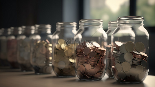 动物牛储蓄罐背景图片_装满硬币的玻璃罐，以 3D 呈现的储蓄金融概念