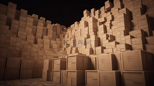 工厂场景一堆3D渲染的纸板箱