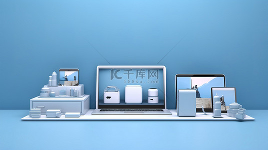 蓝色背景上配备设备笔记本电脑平板电脑智能手机和计算机显示屏的在线商店工作区的 3D 渲染
