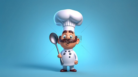 专业厨房背景图片_卡通风格 3D 插图的厨师挥舞着大勺