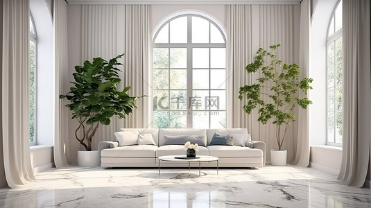 房间桌板背景图片_客厅大理石中心桌的 3D 渲染，配有白色窗板绿色植物和沙发