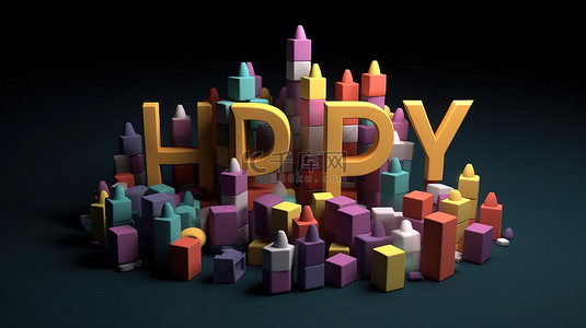 生日快乐由 3d 多彩多姿的形状和白色字母拼写