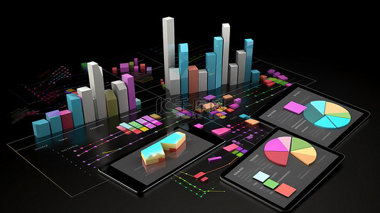 高清数据背景图片_平板电脑和图表在 3d 渲染背景中注入营销统计数据