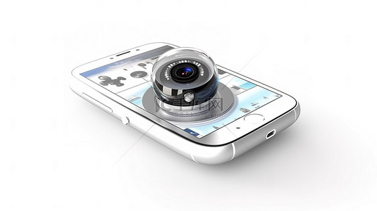 配备视频安全监控摄像头的白色背景手机的 3D 渲染