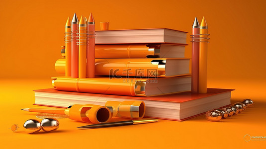 橙色背景与 3D 书籍和铅笔代表教育概念