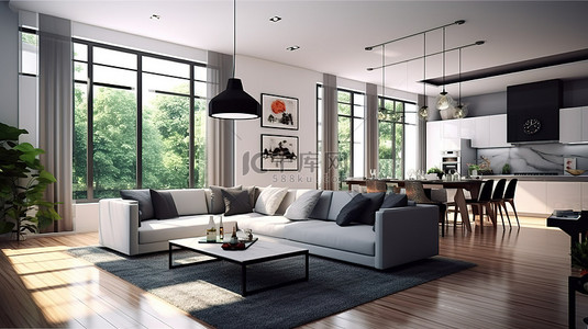 美式房子背景图片_现代休息室配有开放式美式厨房和 3D 渲染的时尚沙发